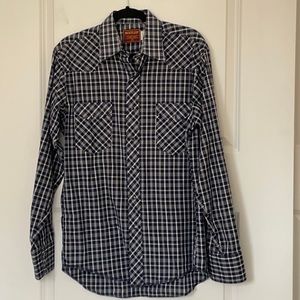 Rustler Navy Plaid Onyx Snap X Long Tails Shirt 15.5